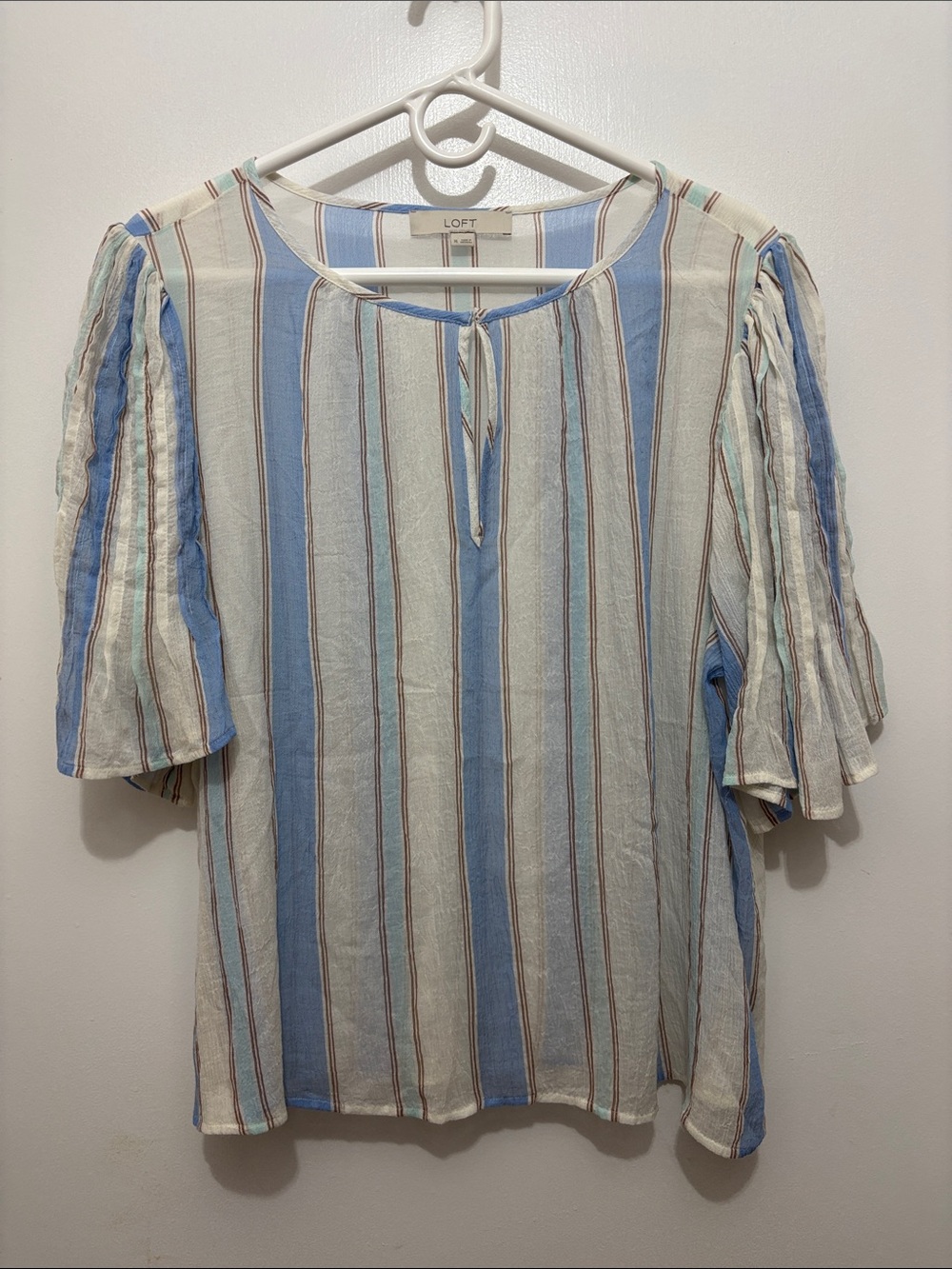 LOFT Blue, Cream & Brown Striped Tie-Front Blouse XL